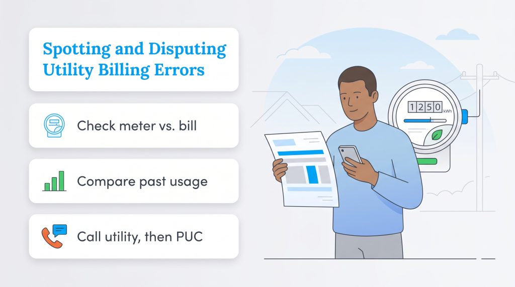 Illustration showing steps to spot and dispute utility bill errors