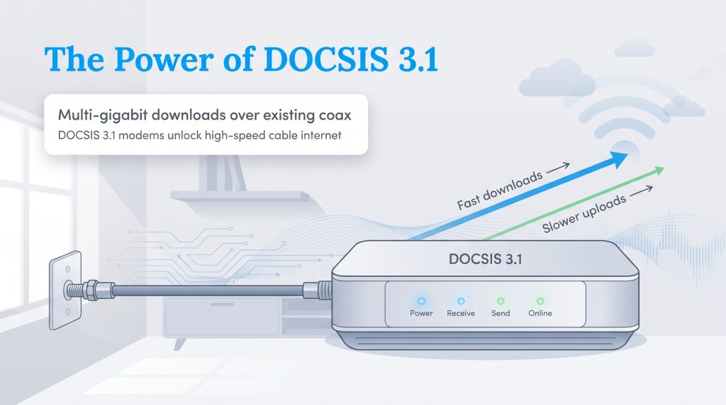 A DOCSIS 3.1 modem connected by coax cable showing fast downloads and slower uploads.