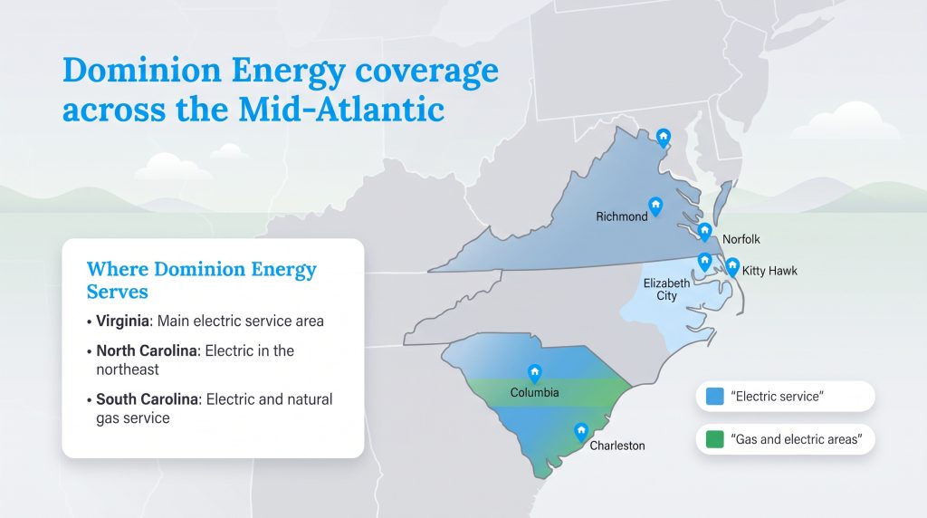 Map highlighting Dominion Energy electric and gas service areas in Virginia and the Carolinas