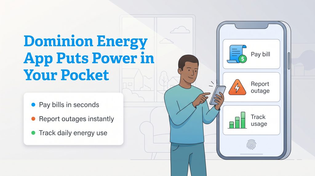 Illustration of a man using the Dominion Energy app to pay bills and track energy usage