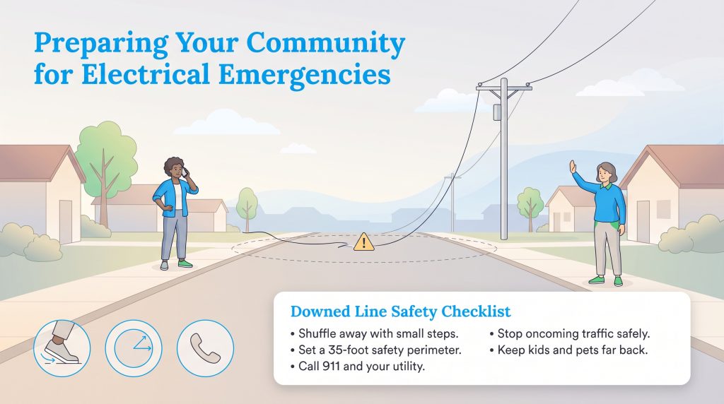 An illustration showing safety steps to take when a power line is down in a community