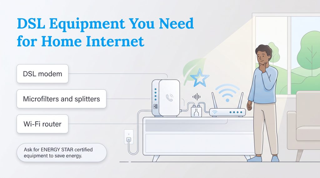 Diagram illustrating necessary DSL equipment: modem, microfilters, splitters, and a Wi-Fi router.