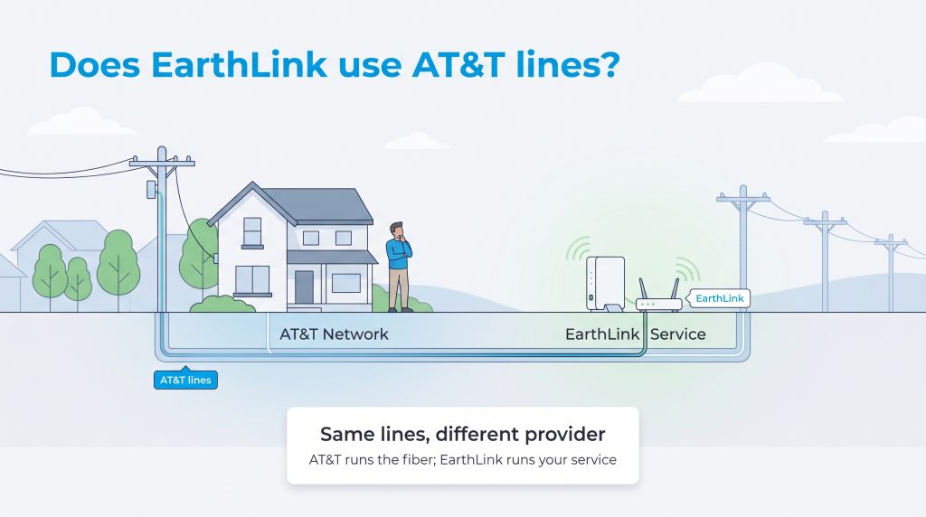 Infographic showing AT&T lines connecting to an EarthLink modem, with the text "Same lines, different provider."
