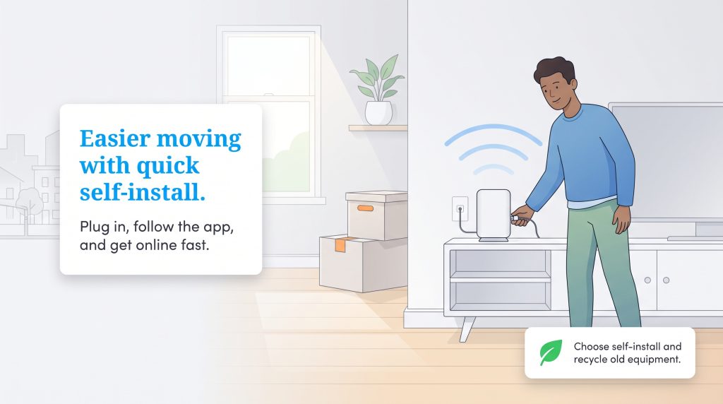 Illustration of a man setting up a Wi-Fi router in his new home during a move