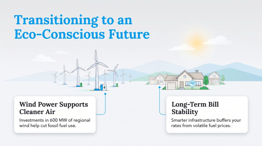 Infographic showing wind turbines powering homes to support cleaner air and stable electric rates