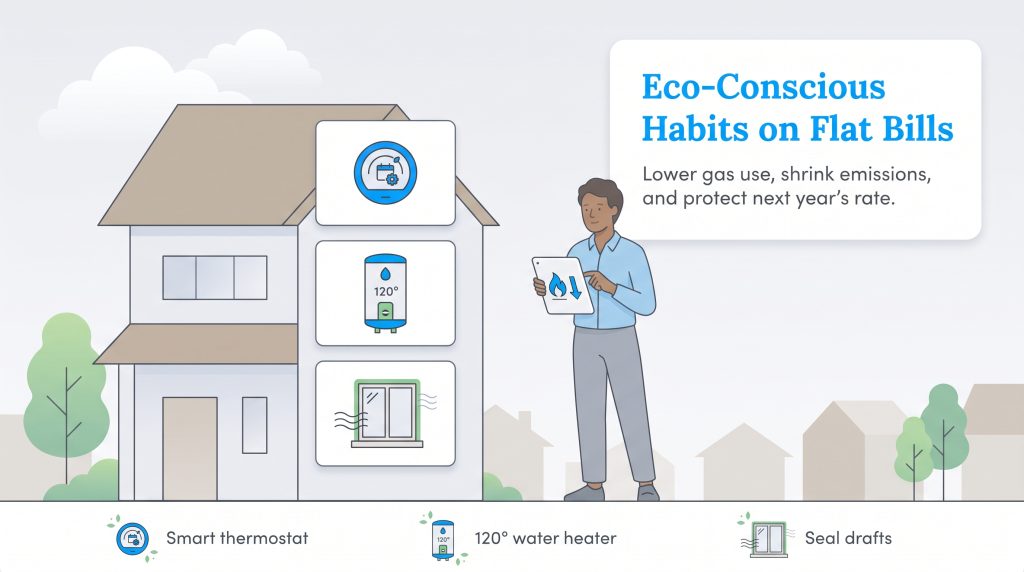 Illustration of energy saving tips like smart thermostats water heaters and draft sealing