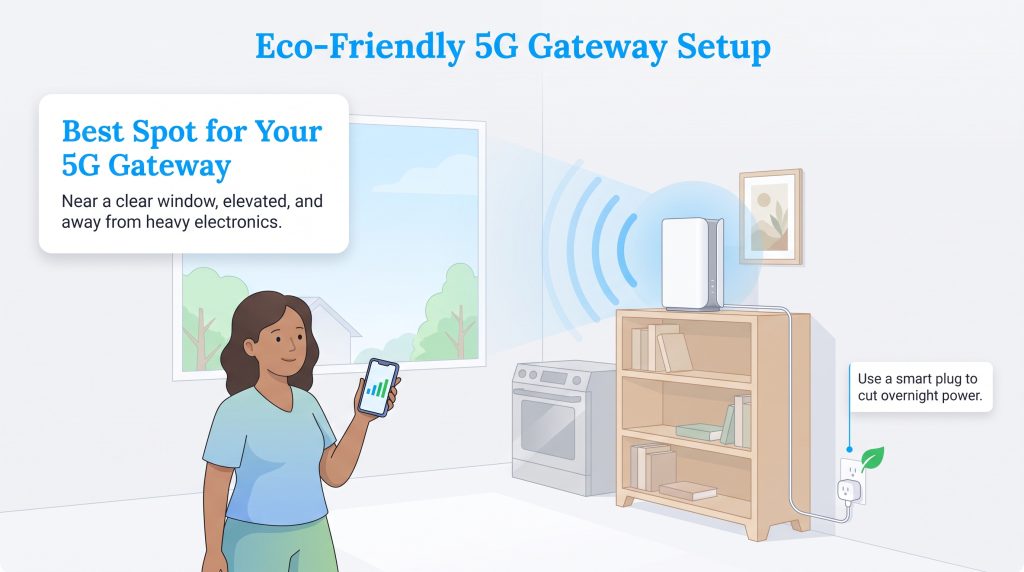 Graphic showing optimal 5G gateway placement near a window and connected to a smart plug.
