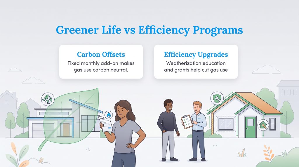 Infographic comparing Greener Life carbon offsets with efficiency programs for eco-friendly energy.