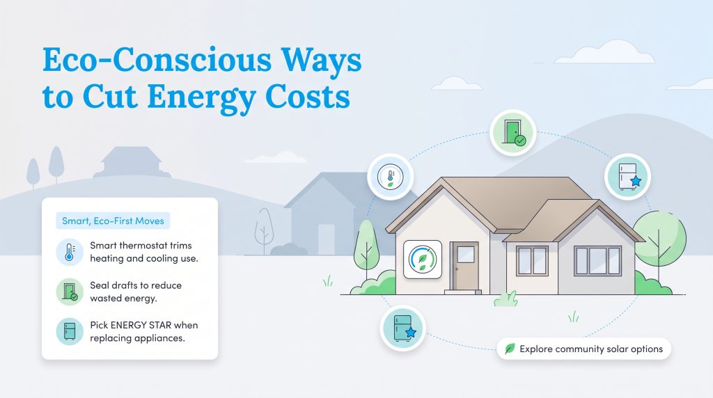 Infographic sharing eco-conscious tips to reduce home energy consumption and costs.