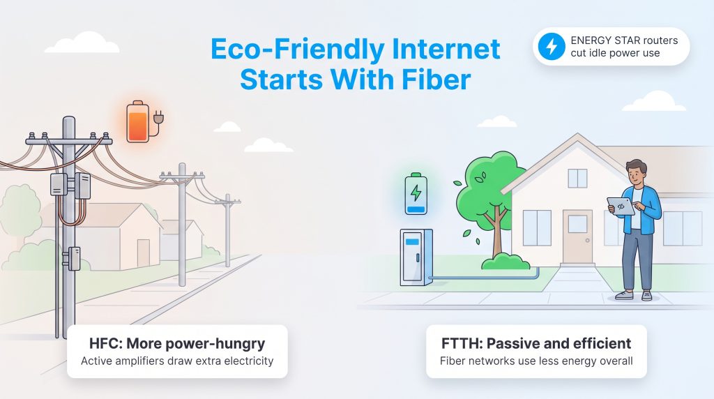 Infographic comparing power-hungry HFC internet amplifiers with efficient, passive FTTH fiber networks.