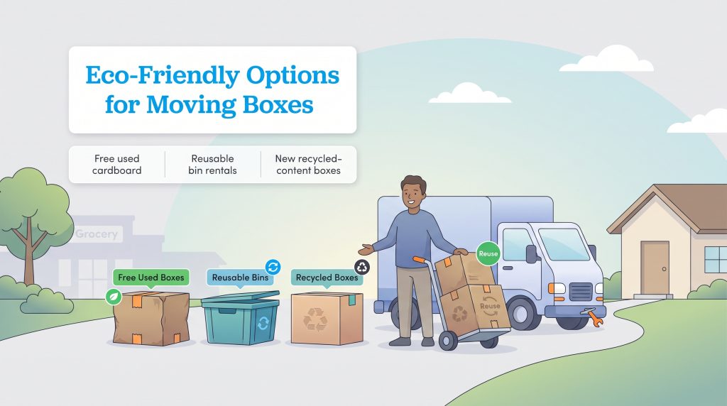 Illustration showing free used boxes, reusable bins, and recycled boxes for an eco-friendly move