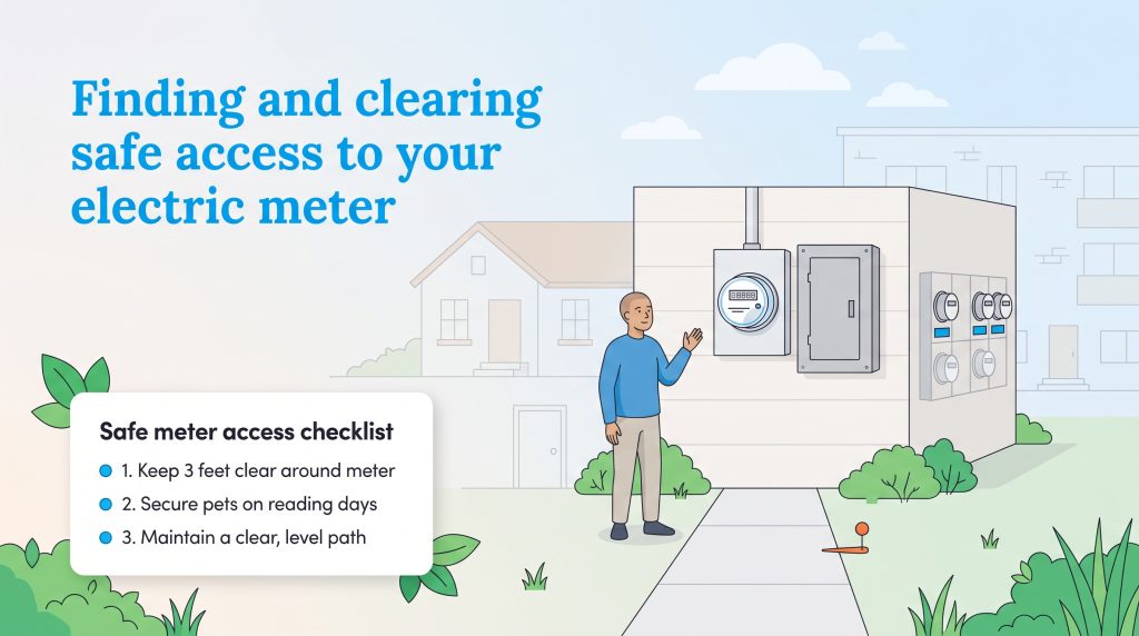 Man standing near an electric meter on a house next to a safe access checklist.