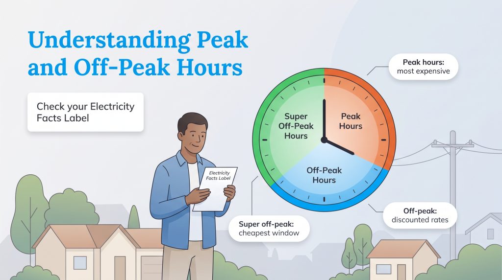 Clock showing peak, off-peak, and super off-peak electricity pricing hours.