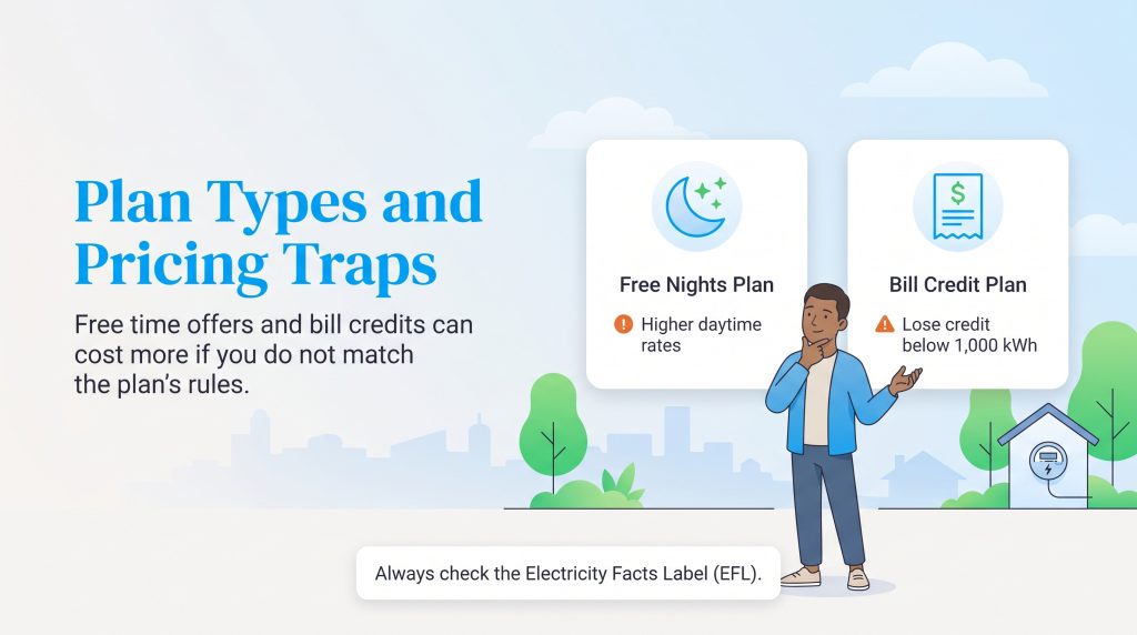 Infographic explaining hidden costs in Free Nights and Bill Credit electricity plans.