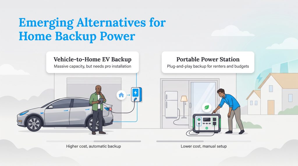 Graphic comparing Vehicle-to-Home EV backup with portable power stations.