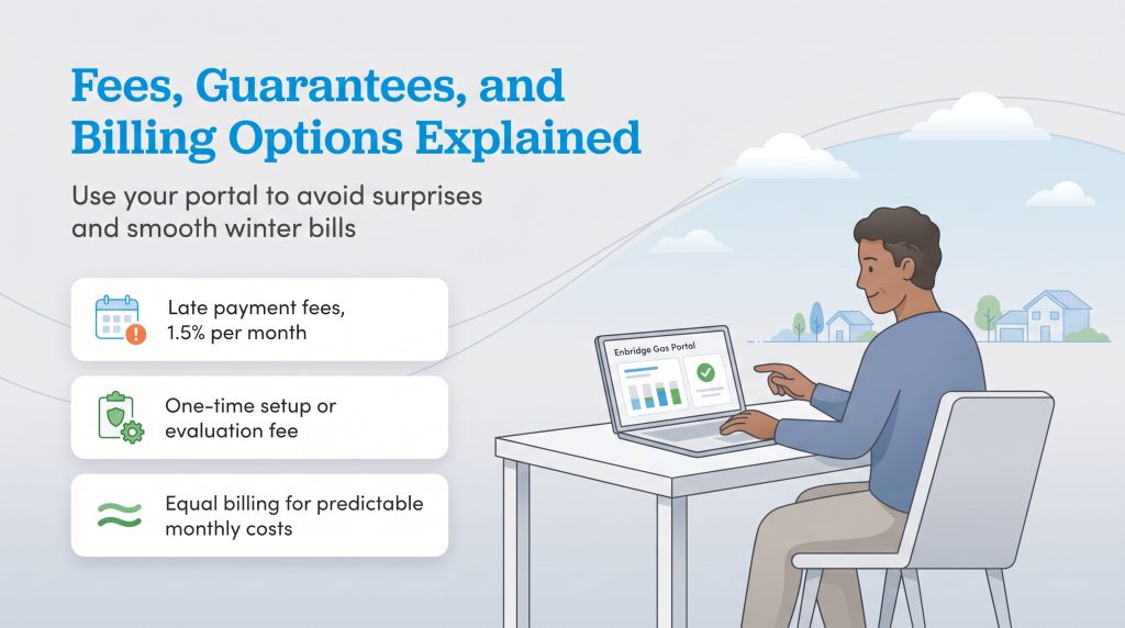 Illustration of a man using a laptop next to Enbridge billing fees and options