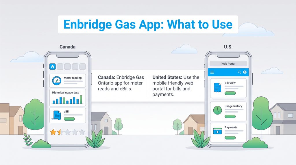 Comparison of Enbridge Gas Ontario mobile app for Canada and mobile web portal for the US