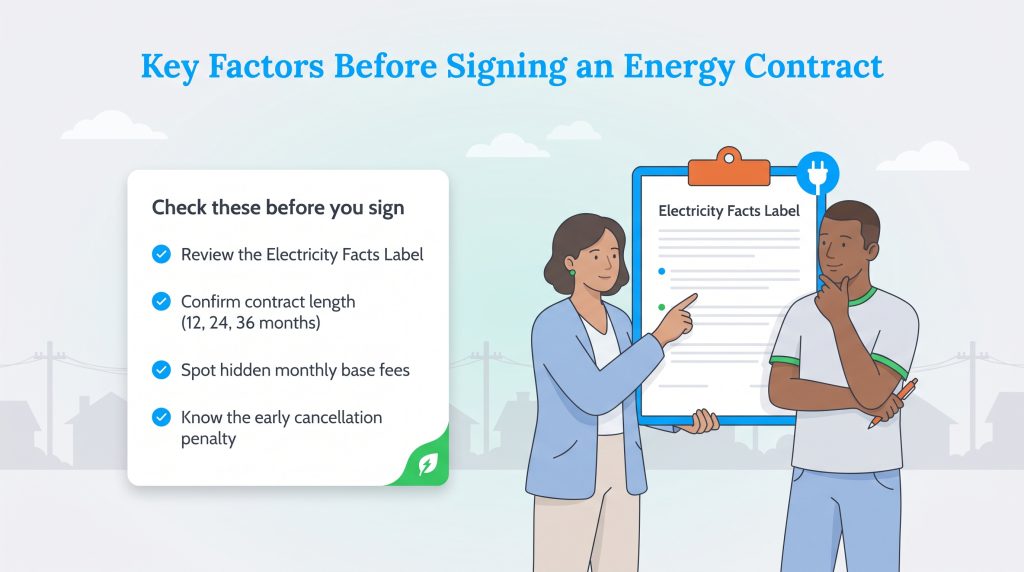 Illustration of a checklist and people reviewing an Electricity Facts Label.