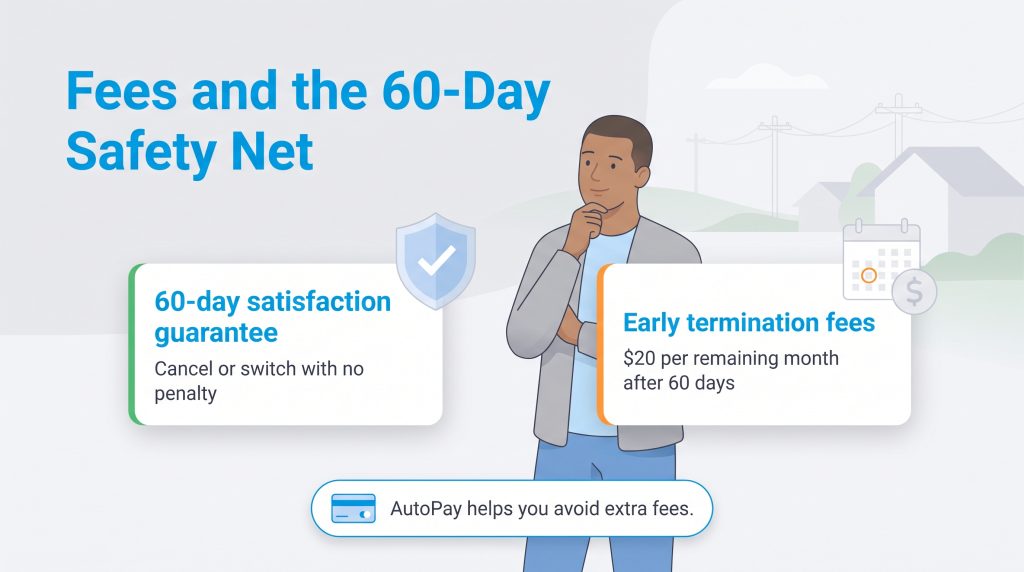 Graphic explaining the 60-day satisfaction guarantee and early termination fees
