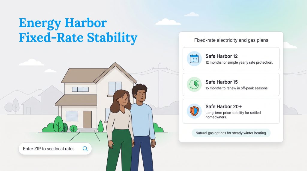 Couple outside home with a menu showing Energy Harbor fixed-rate electricity plans