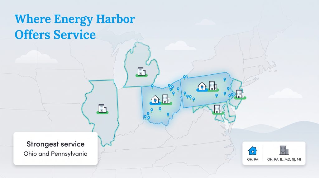 Map of Energy Harbor service areas highlighting Ohio and Pennsylvania for strongest service.