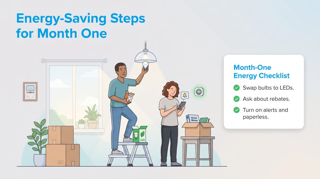 Illustration of a couple setting up energy-saving features in their new home.