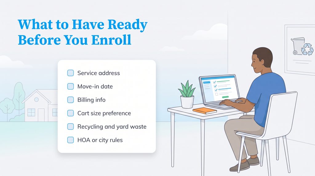 A person at a laptop with a checklist of items needed before enrolling for waste service, such as service address and move-in date.