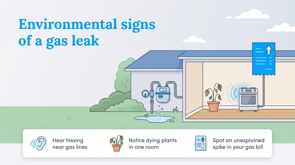 Graphic showing signs of a gas leak like dead houseplants, hissing appliances, and high bills