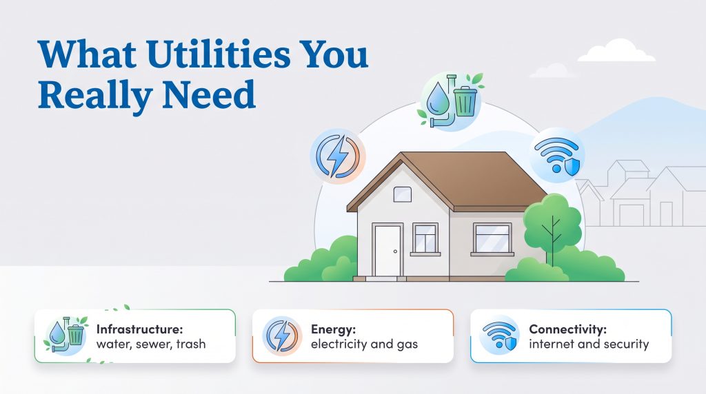 Graphic outlining essential utilities categorized by infrastructure energy and connectivity