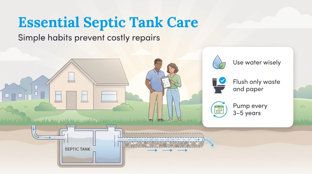Diagram of a residential septic system with essential maintenance tips.