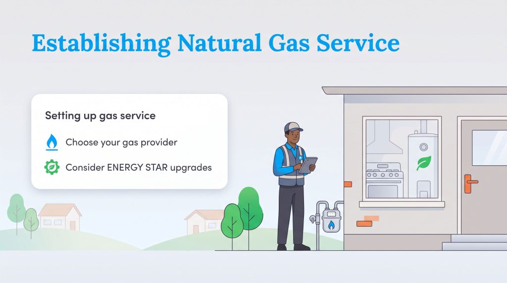 Illustration of a technician setting up gas service at a home with energy efficiency tips.