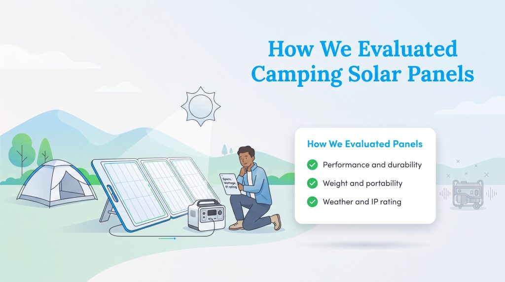 Graphic showing key criteria for choosing reliable camping solar panels at a campsite