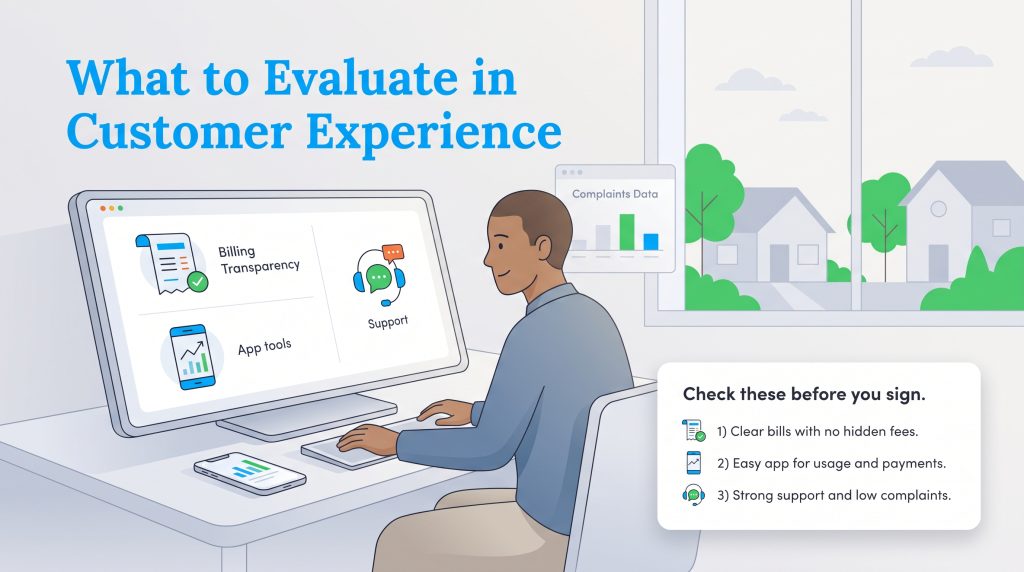 A person on a computer reviews billing transparency, app tools, and support, with a checklist of key customer experience factors.