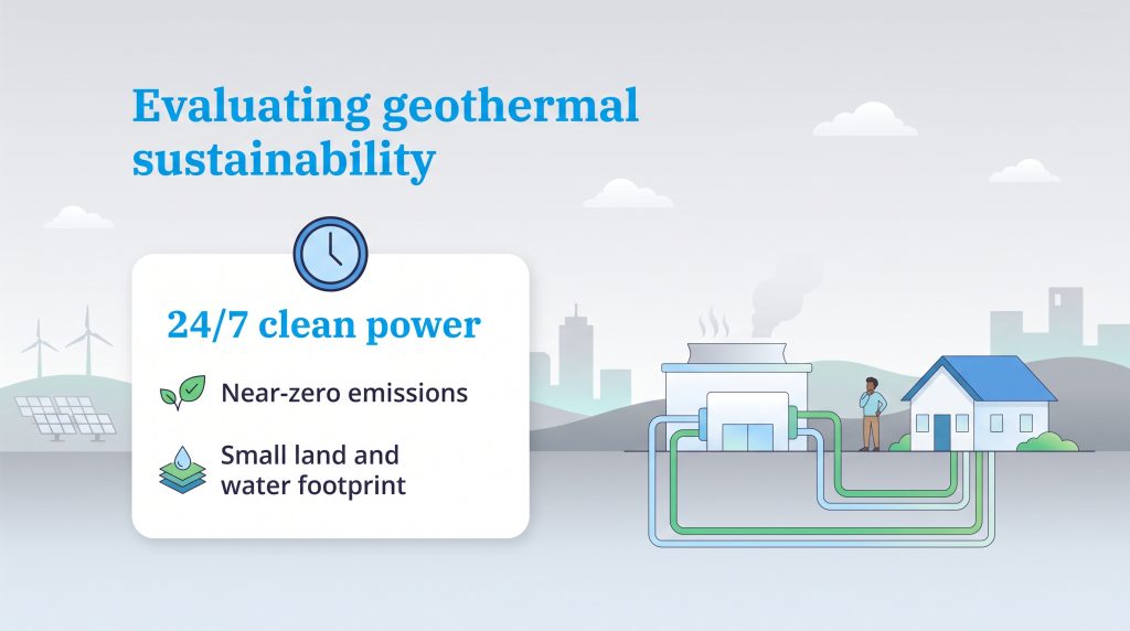 Benefits of geothermal sustainability including 24/7 clean power and near-zero emissions.