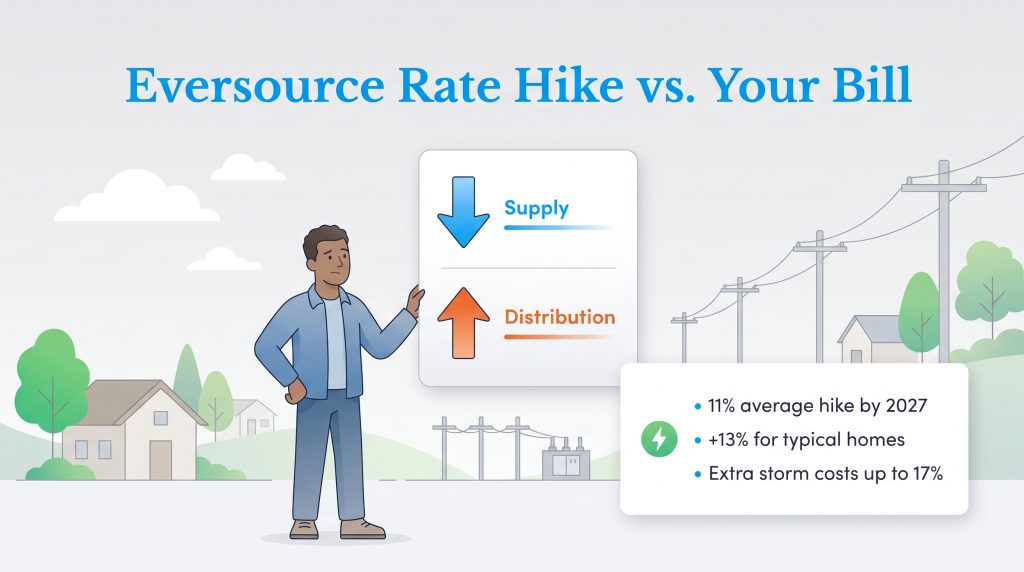 An illustration showing Eversource supply rates decreasing while distribution rates increase