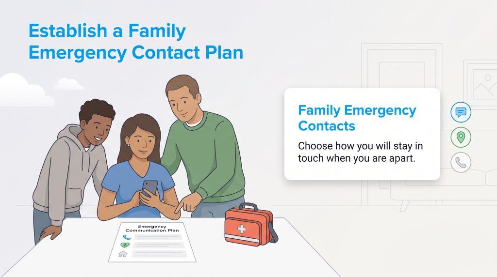 A family creates an Emergency Communication Plan, looking at a document and phone.