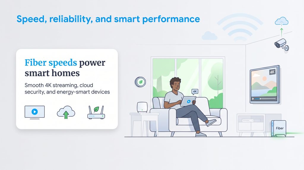 An illustration of how high-speed fiber internet powers devices in a smart home.