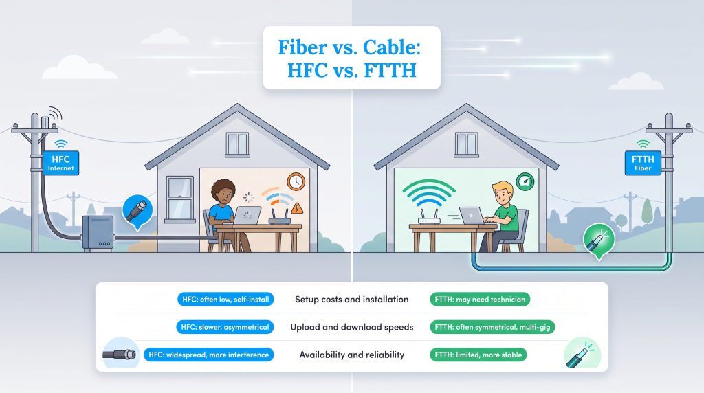 Infographic comparing HFC cable and FTTH fiber internet setups and performance.