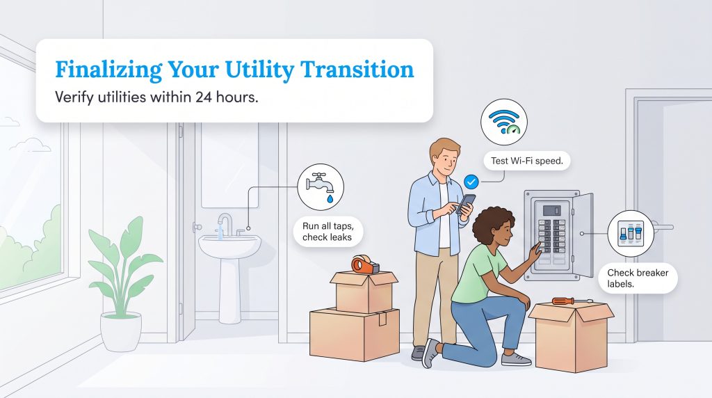 Illustration of a couple checking water, Wi-Fi, and the electrical panel in their new home.