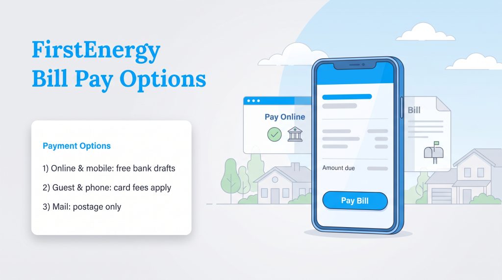 List of FirstEnergy bill pay options next to digital and physical payment graphics
