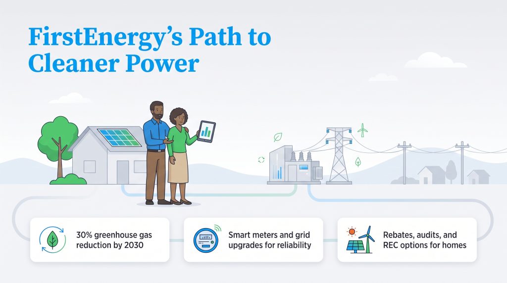 Infographic detailing FirstEnergy's goals for cleaner power, smart grids, and customer rebates