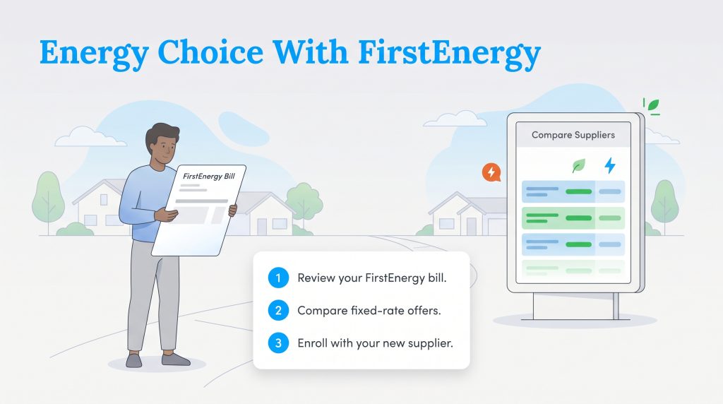 An illustration showing three steps to choose a new FirstEnergy supplier.