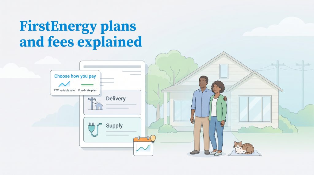 Illustration of a couple near their home with an infographic breaking down electricity bills