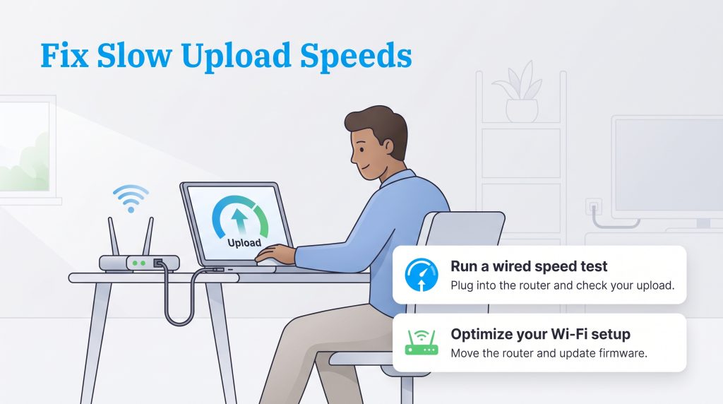 An infographic showing a man fixing slow upload speeds by running a wired test and optimizing his Wi-Fi setup.