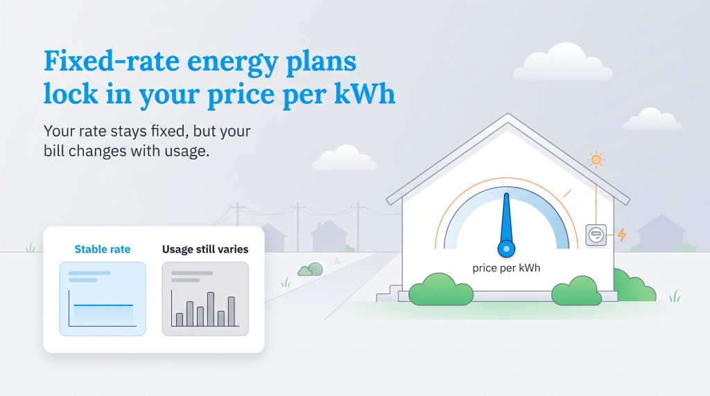 Illustration showing that a fixed-rate plan locks the energy price while usage still varies.