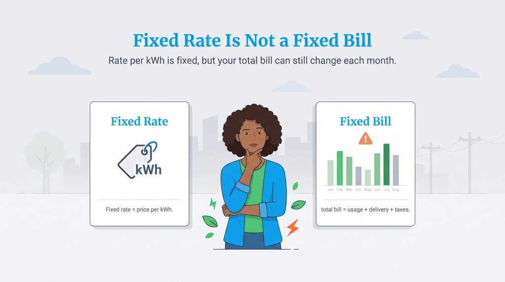 Graphic explaining the difference between a fixed electricity rate and a fixed monthly bill