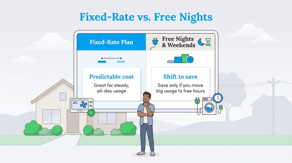 Graphic comparing fixed-rate plans and free nights and weekends energy plans.