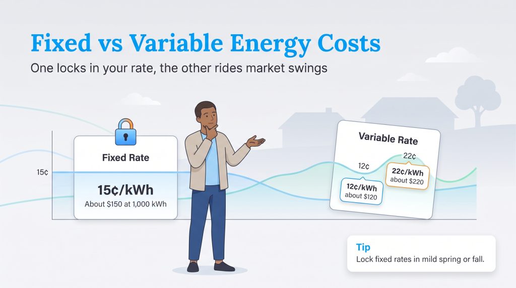 Comparison of stable fixed rate energy plans versus fluctuating variable rate plans.