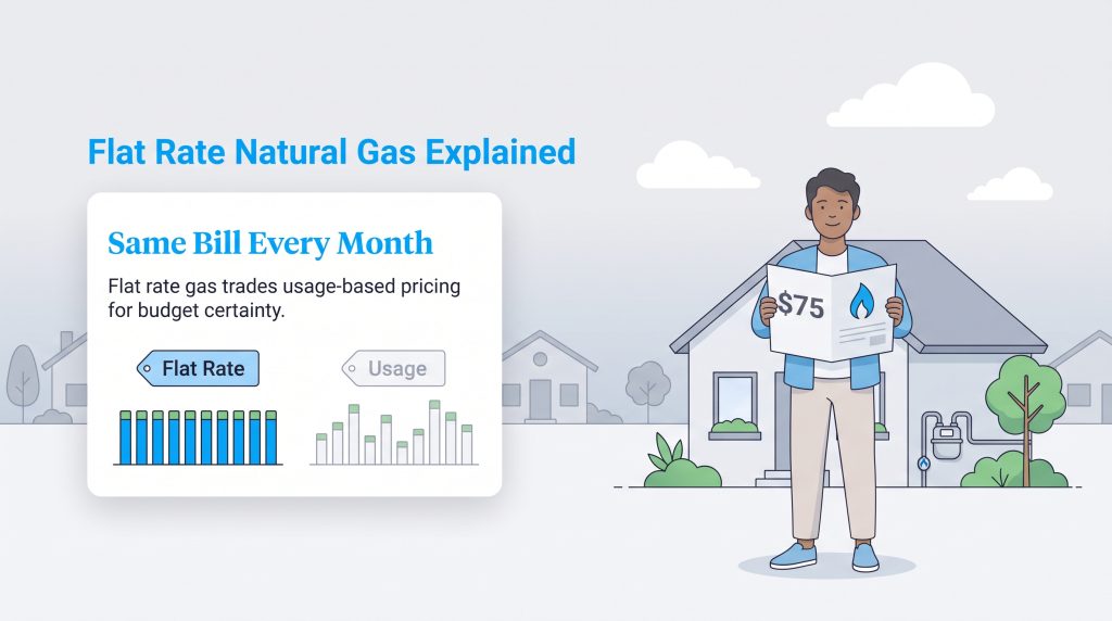 Illustration comparing stable flat rate gas bills with fluctuating usage-based energy costs.