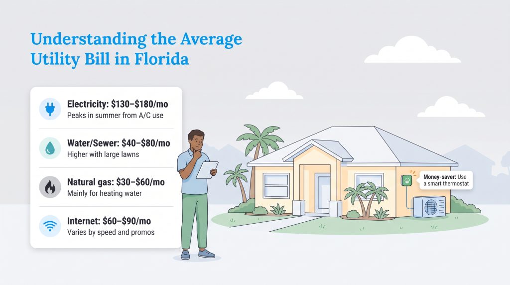 Breakdown of average monthly utility costs in Florida, including electricity and water.